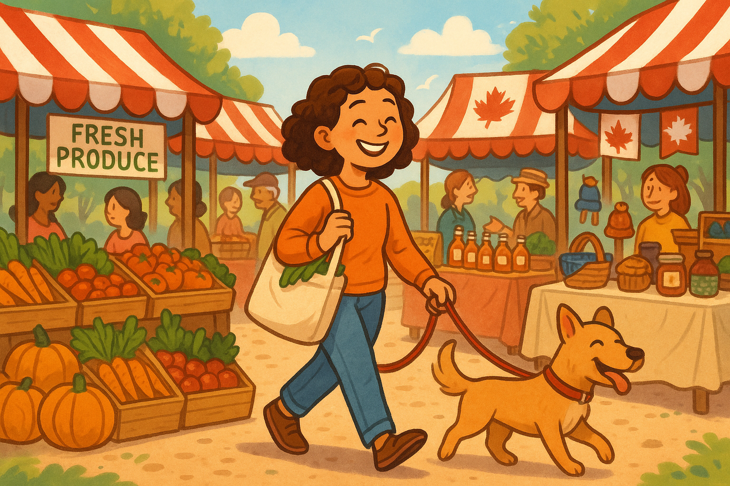 Illustrate a happy person with their dog going through a canadian famer's market 